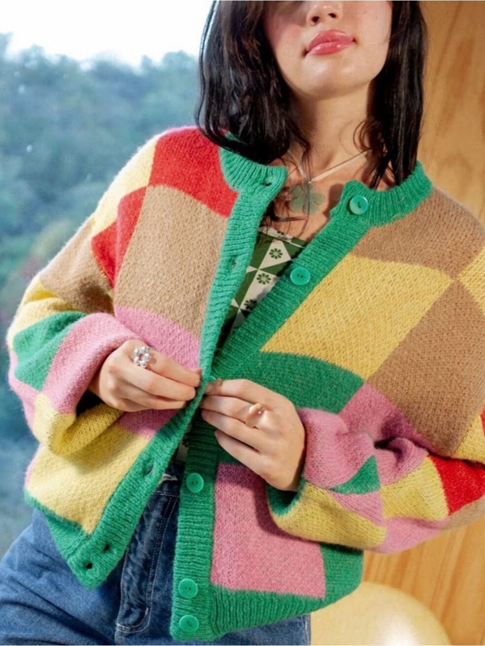 Lisa Says Gah Lauda Green and Pink Colorblock Cardigan